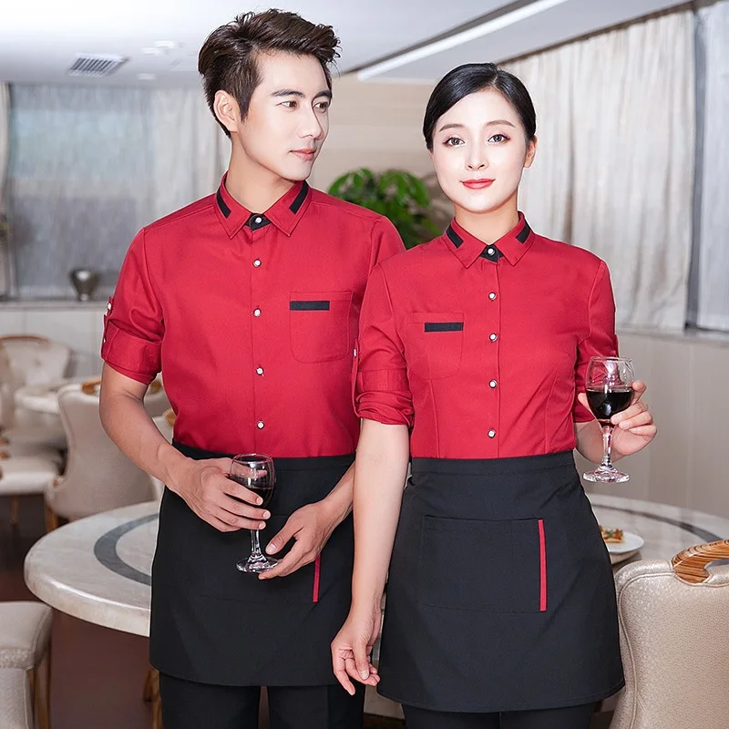 Hotel Waitress Work Clothes Jacket Long Sleeves Chinese Restaurant Dining Uniform Hot Pot Cafe Catering Waiter Overalls H2344