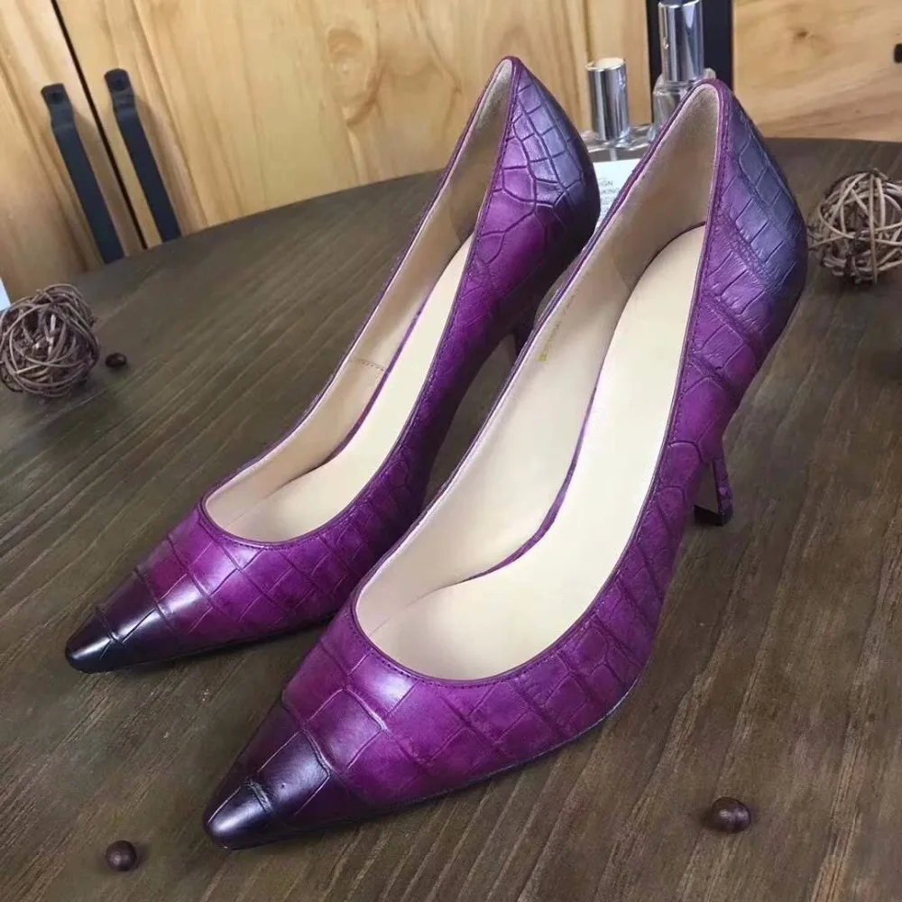 2018 new fashion 100% Genuine real crocodile belly skin lady high heel pump shoe for women purple yellow black