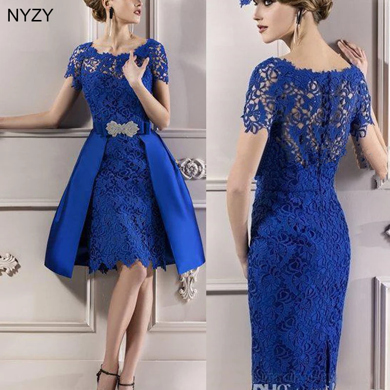 NYZY M8 Royal Blue Party Dress Formal Gown Short Mother of the Bride Lace Dresses With Removable/Detachable Skirt 2019