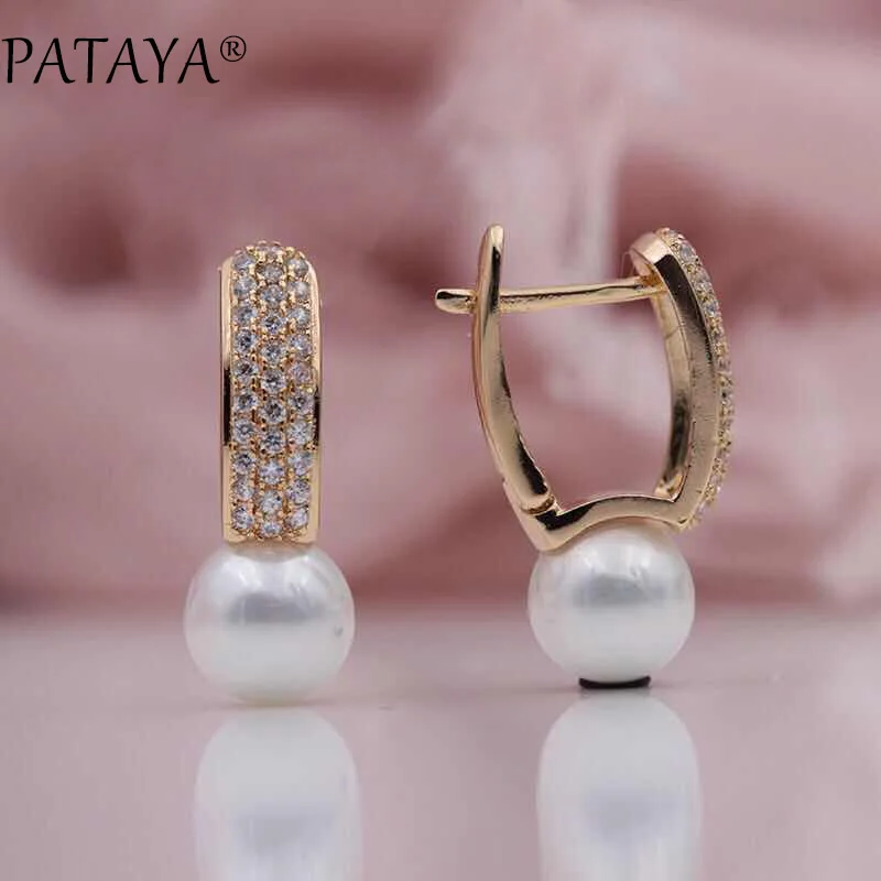 PATAYA New Multicolor Shell Pearls Micro-wax Inlay Natural Zircon Drop Earrings 585 Rose Gold Color Women Wedding Luxury Jewelry