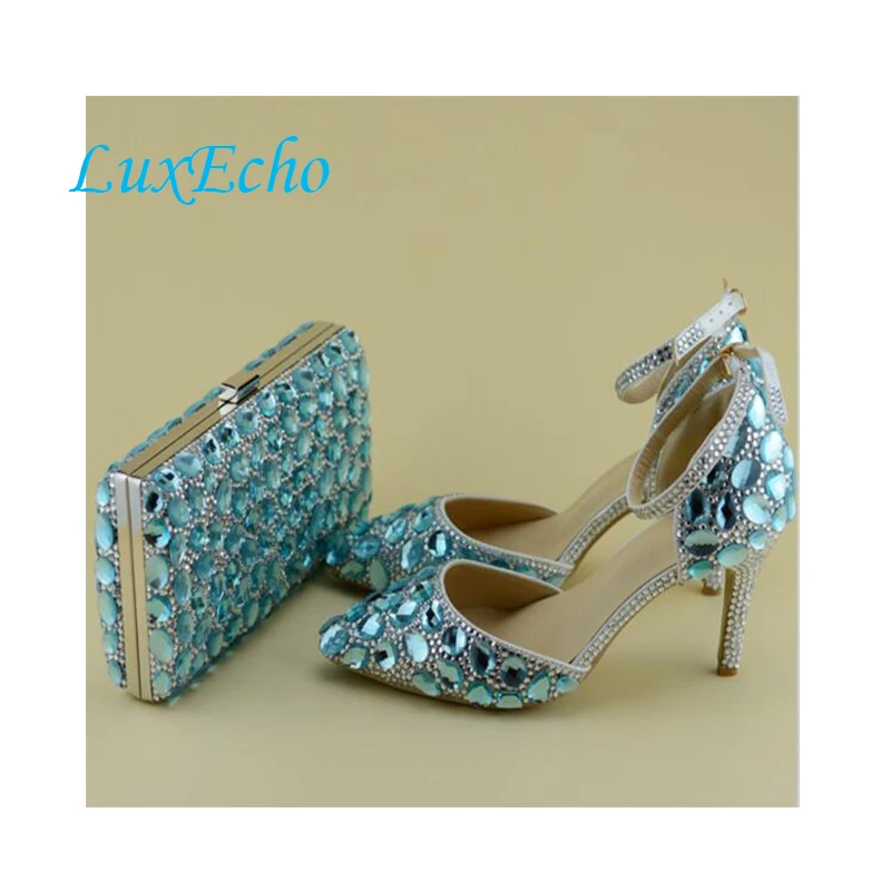 Sky Blue Luxury Rhinestone wedding shoes with matching bag anckle strap shoes woman pointed toe high heels shoes  Big size 34-42