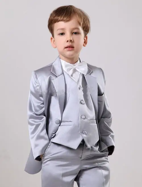 

(Jacket+Pants+Bowtie+Vest) Silver Cute Kid's Suits Custome Homme Fashion Children Clothing Set Formal Classic Flowers Boy Blazer