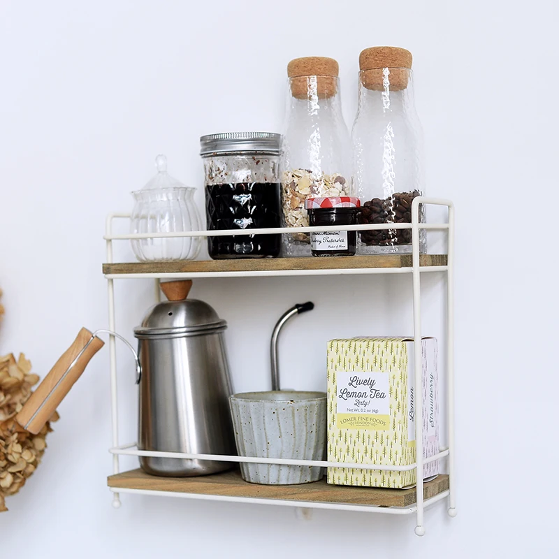 Simple wrought iron solid wood partition double shelf kitchen spice rack girl desktop debris two-tier storage rack 2