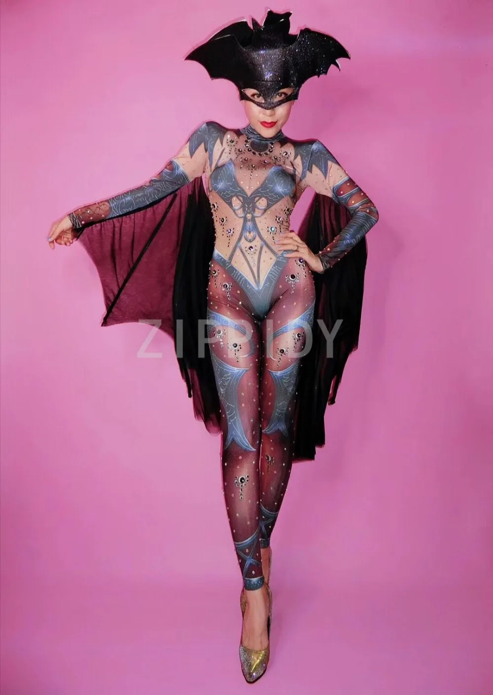 Belle combinaison extensible imprimée de strass chauve-souris, body de soirée, de bal, de chanteur et de danseuse, pour boîte de nuit, Cosplay, 2018