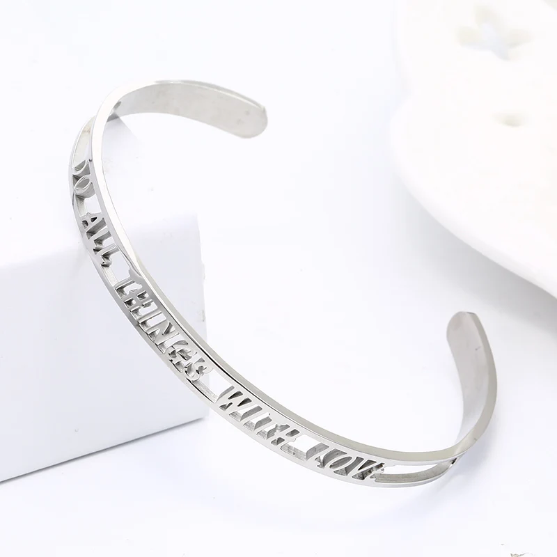 MYLONGINGCHARM Hollow Letter Adjustable stainless steel Bracelet DO ALL THINGS WITH LOVE fashion open cuff Bangles M0284