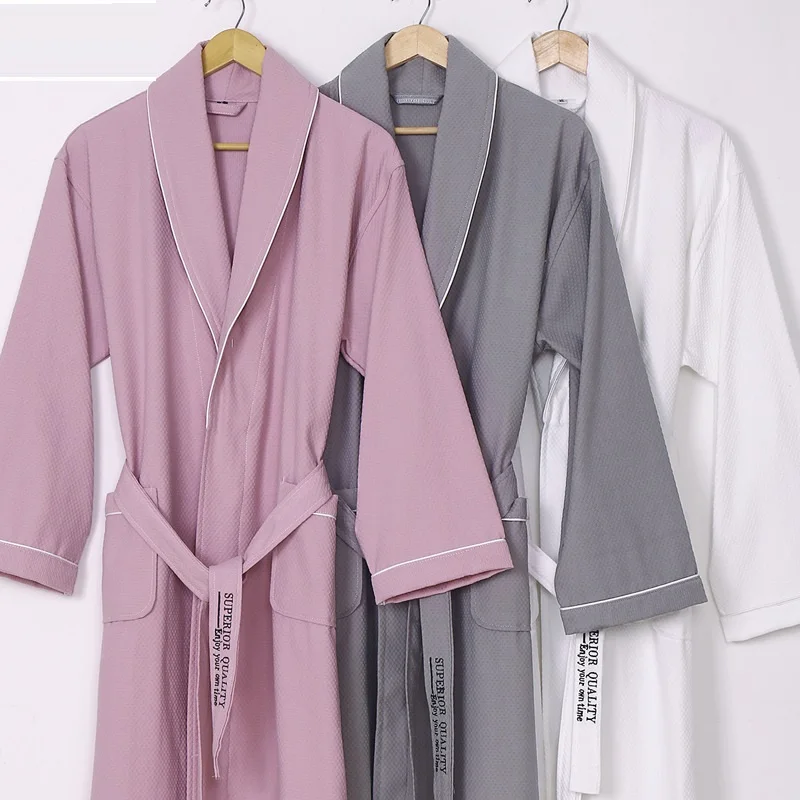 

Waffle 100% Cotton Men Bathrobe Long-sleeve Sweat Evaporate Couples Kimono Bath Robes Hotel Spa Women Robes Dressing Gown Summer