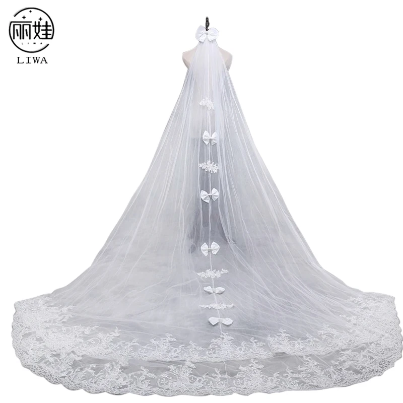 3 Meter Veil Wedding White Bow Lace Bridal Veils Long Cathedral Wedding Veil Top Quality Veu De Noiva Longo Com Renda BV300