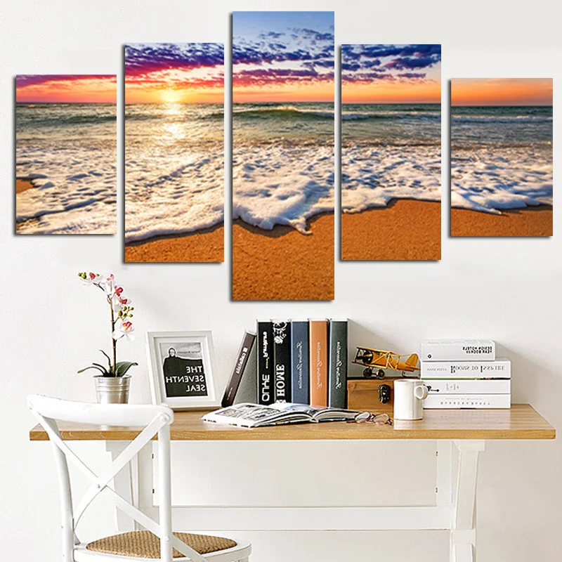 

HD Print 5Panel Sunshine Beach Seascape Oil Painting on Canvas Art Modern Modular Wall Pictures for Living Room Cuadros Decor