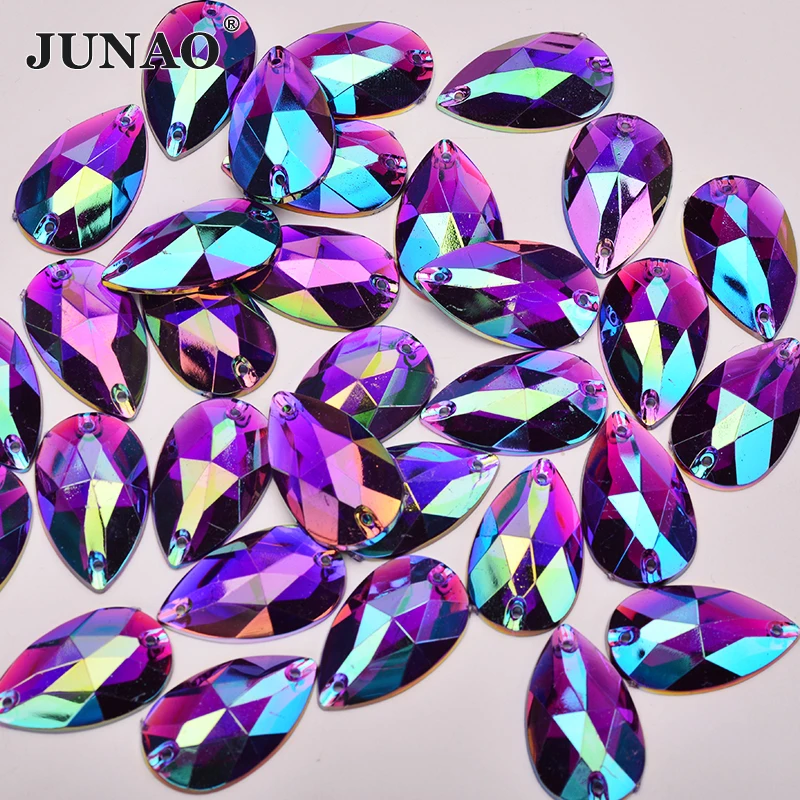 JUNAO 17*28mm 100pcs Sewing Large Purple AB Teardrop Rhinestone Applique Flatback Acrylic Crystal Stones Sewn Strass for Crafts