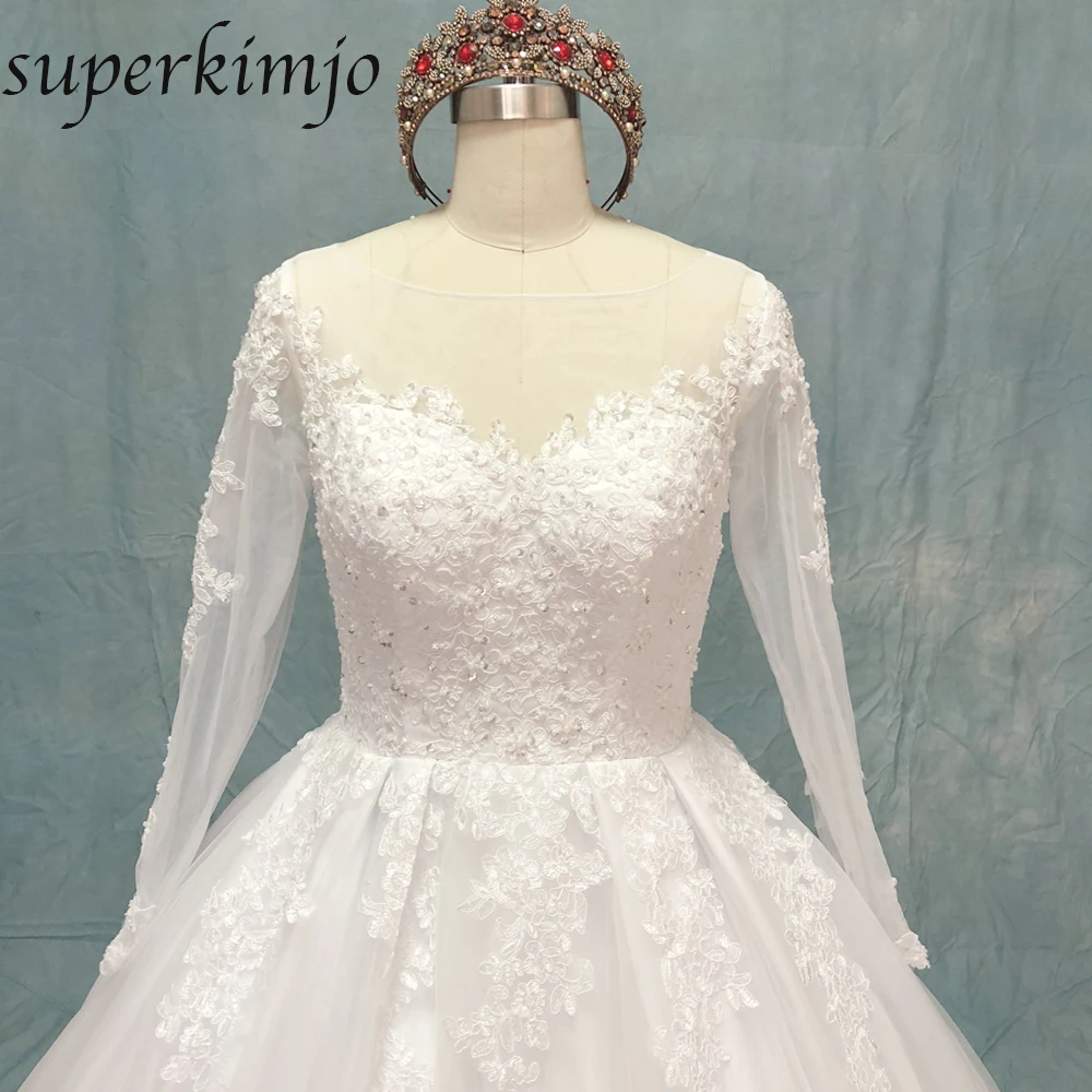 SuperKimJo ball gown wedding dresses long sleeve lace appliques puffy chapel train bridal dresses real picture(including veils)