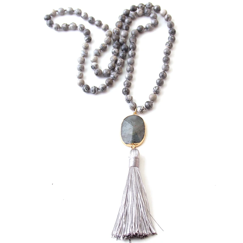 Fashion Bohemian Jewelry Semi Precious Stones Long Knotted Stone Long Tassel Necklaces Women Ethnic Necklace Dropship