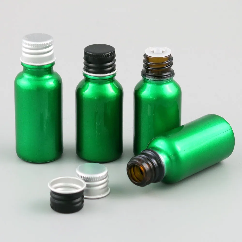 

1/2oz 2/3oz Refillable Green Glass Essential Oil Bottles Containers With Silver Black cap 200pcs