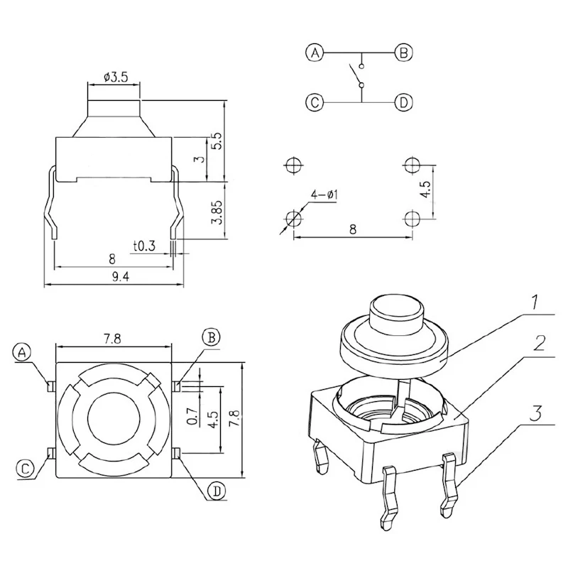 Microinterruptor de silicona conductora G77, botón táctil sin sonido, reinicio automático, 8x8x5MM, 4 pines, 20 unidades por lote