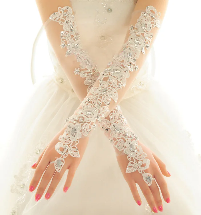 JaneVini Luxus Elfenbein Lange Hochzeit Handschuhe Appliques Perlen Tüll Finger Handschuhe für Damen Braut Handschuhe Hochzeit Zubehör