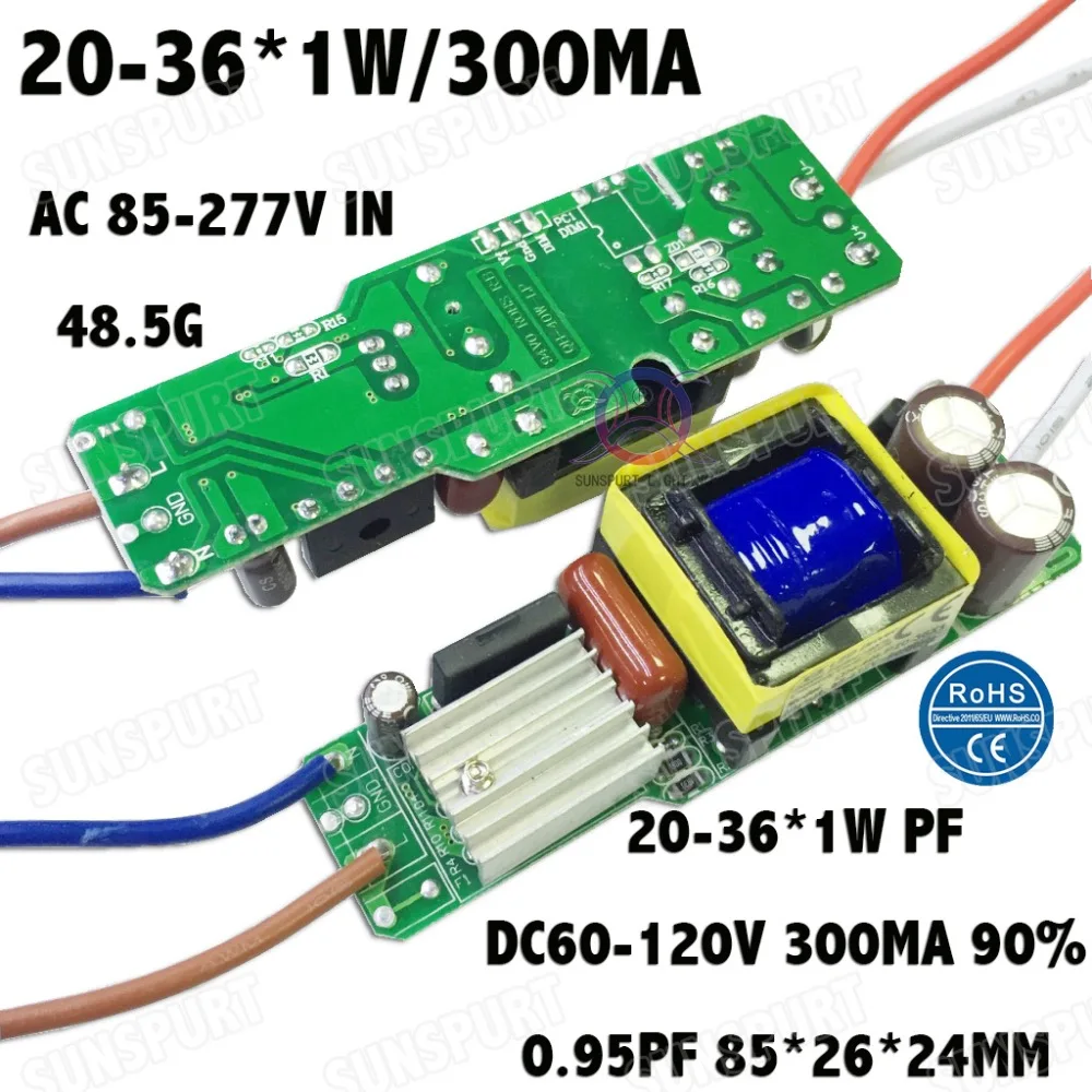 

3Pieces Isolation 36W AC85-277V LED Driver 20-36x1W 300mA DC60-120V LEDPowerSupply Constant Current LED Bulb Lamp Free Shipping