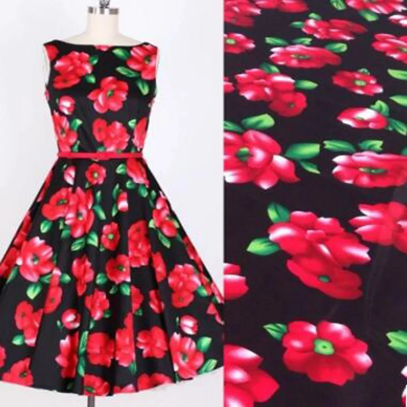 YY DIY Pretty 50x130cm Black Background Blooming Red Rose Flower Printed Cotton Spandex Fabric For DIY Sewing Home Decoration