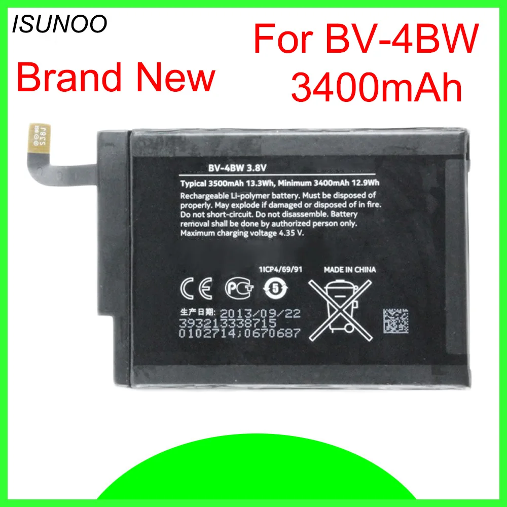 

ISUNOO 5pcs/lot BV-4BW BV4BW Battery Replacement For Nokia Lumia 1520 Battery 3400mAh Batteries