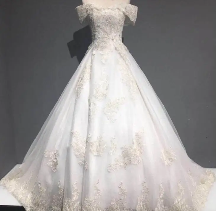 BANVASAC 2018 Ball Gown Cathedral Train Wedding Dresses Boat Neck Real Photos Lace Appliques Plus Size Bridal Gowns