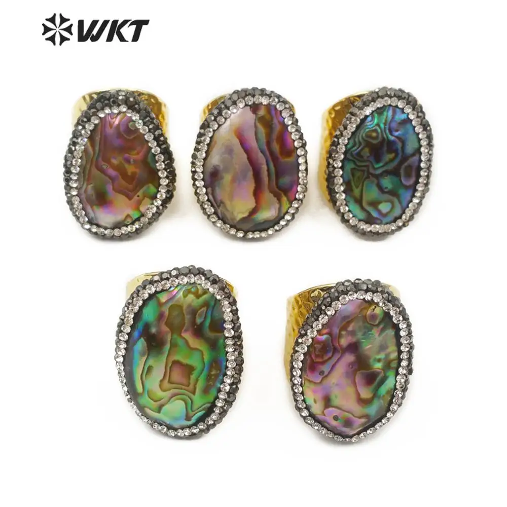 WT-RR030 WKT Natural Color Abalone Shell 18k Gold Rings With Zicon Paved Colorful Shell Jewelry Finding For Cocktail Party