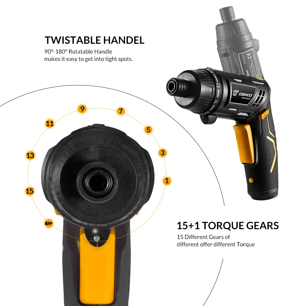 DEKO DCS3.6DU2 Cordless Cacciavite Elettrico con Twistable Maniglia Per Uso Domestico FAI DA TE Batteria Ricaricabile Cacciavite con la Torcia del LED