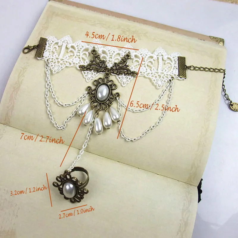 اليدوية المرأة الخرز قطرة الطبقات سلسلة فو اللؤلؤ زهرة الدانتيل الأبيض قابل للتعديل حلقة وسوار الرقيق مجموعة القوطية لوليتا الزفاف #6