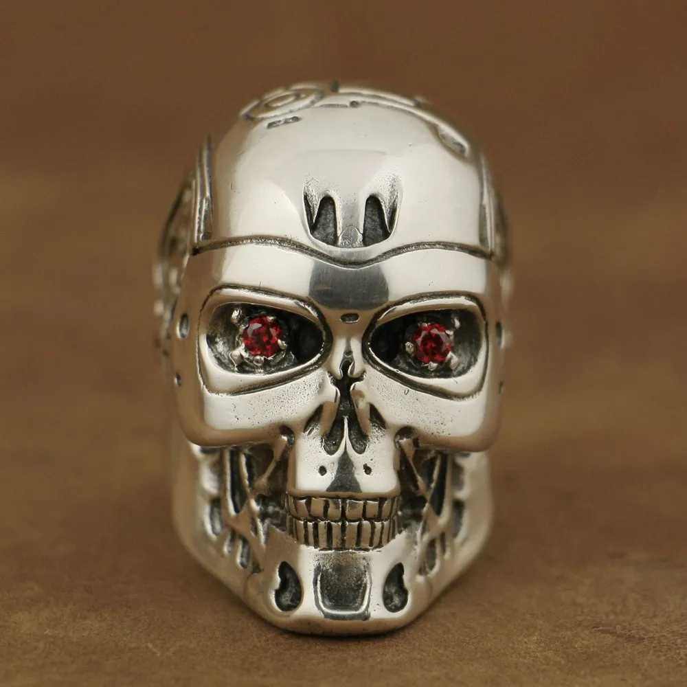 LINSION Rings 925 Sterling Silver Red CZ Eyes Terminator Mens Biker Punk Robot Ring TA80 US Size 8 to 13