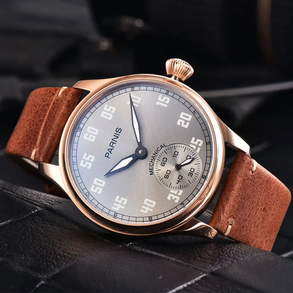 44mm Parnis Grey Dial Rose Golden Plated Case Luminous Marks Leather strap Luxury Brand 6497 Hands Winding Men's Watch