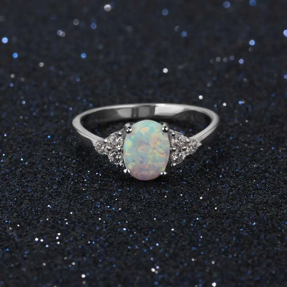 Silver Color Oval White Opal Stone Rings with Cubic Zirconia for Women Anniversary Romantic Mom Gift (Lam Hub Fong)