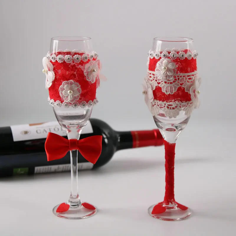 

2pcs/set red Wedding Glass Wedding Champagne ToastingFlutes with red Bowknot lace and crystal for Rustic Wedding Decoration