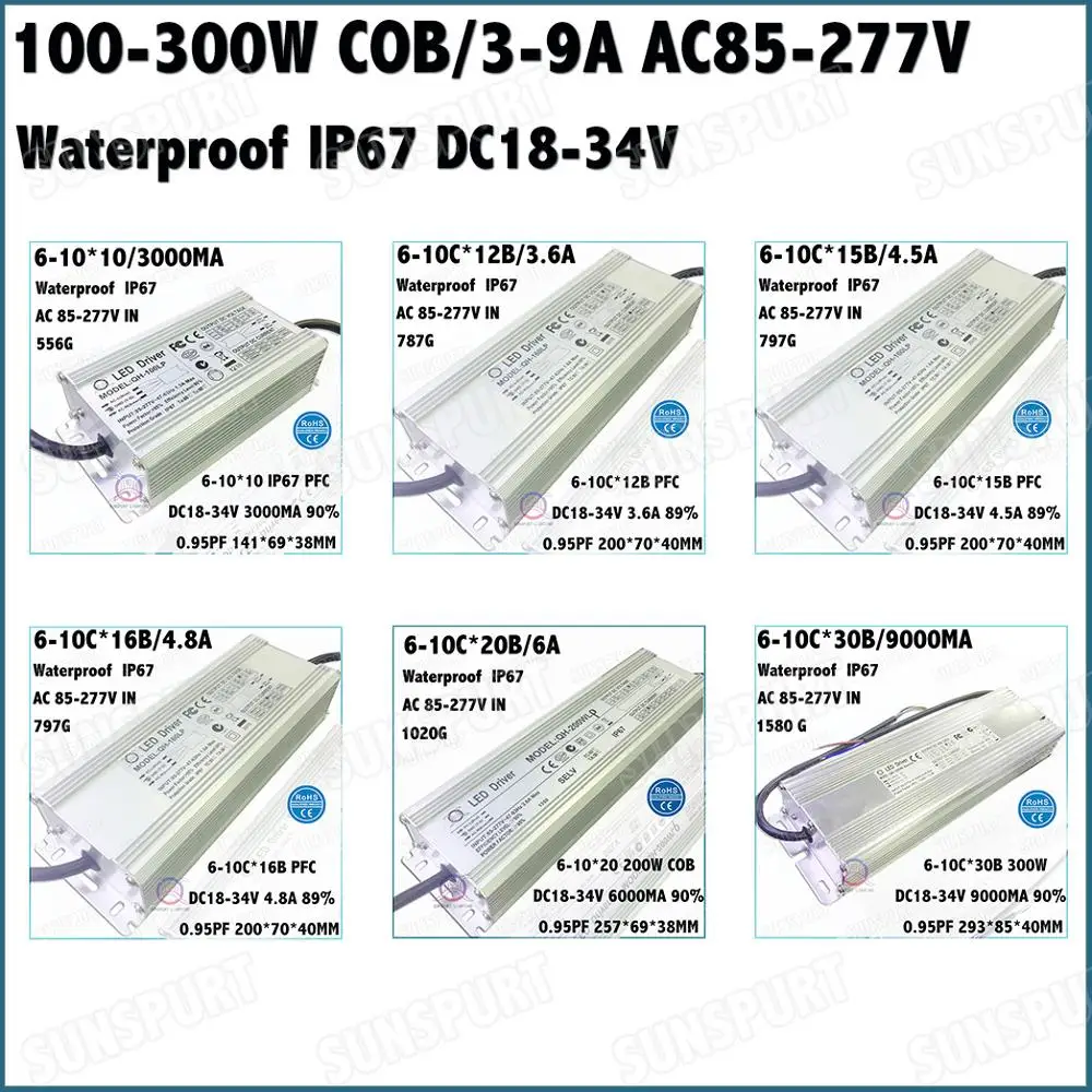 Waterproof IP67 PFC 100-300W LED Driver 6-10 Series 100W 120W 150W 160W 200W 300W  3-9A DC18-36V Constant Current Free Shipping