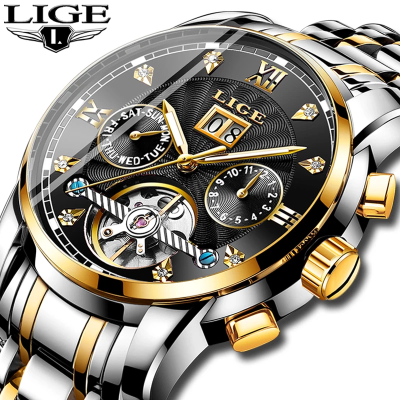 

LIGE 2019 Top Brands Men Automatic Mechanical Tourbillon Watch Luxury Fashion Stainless Steel Sports Men Clock Relogio Masculino