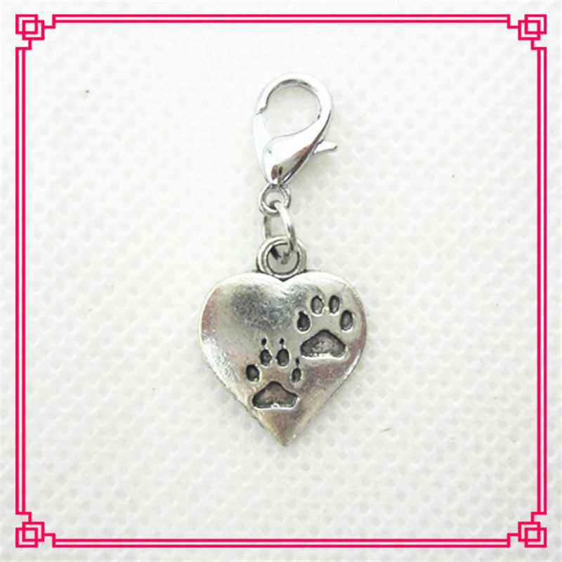 

50pcs/lot dog paw heart dangle charms lobster clasp Hanging Floating Charm DIY Necklace Jewelry Accessories Charms