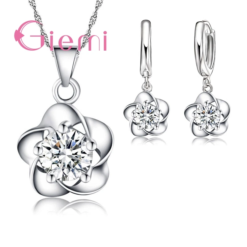 Belles femmes coffret cadeau belle fleur avec Zircon pur 925 argent Sterling collier boucles d'oreilles de mariage bijoux pour mariées