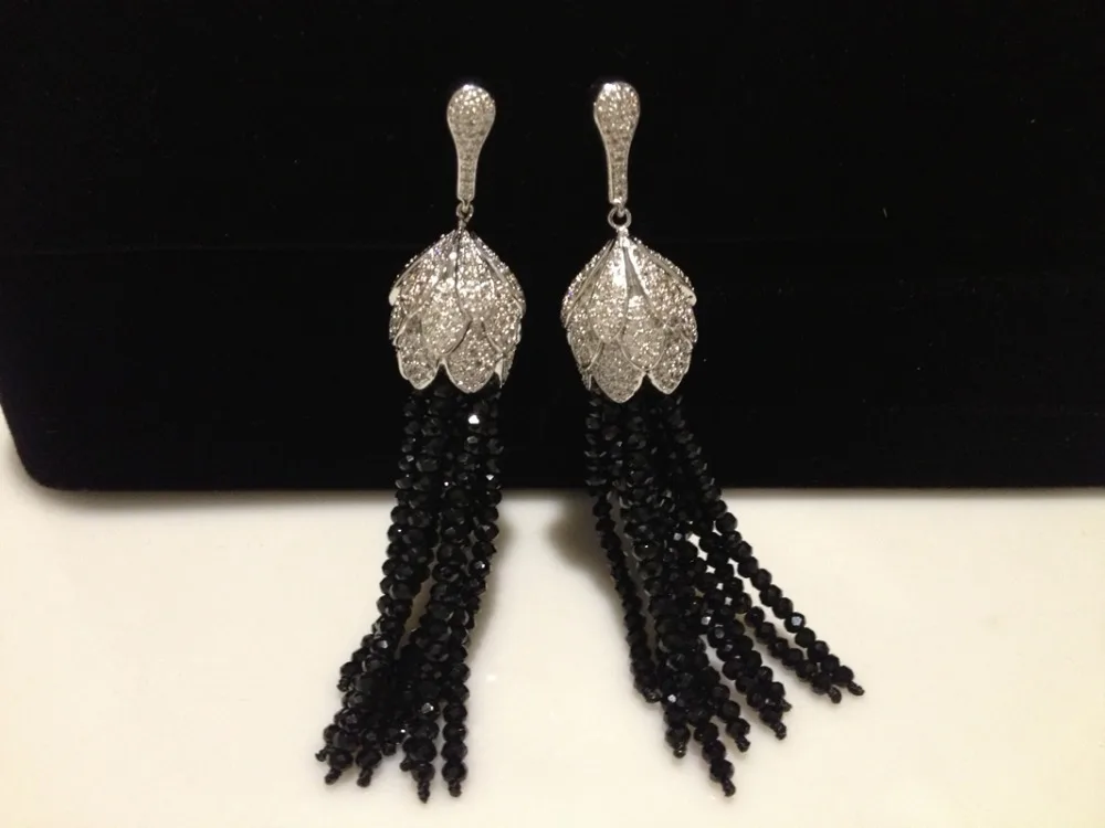 

black crystal earring hanging tassels flower long earring trendy women jewelry