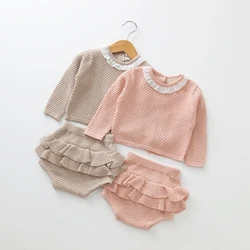 0-2 Year Old Clothing New 2021 Autumn Baby Girls Suit Knit Cotton Baby Long Sleeve Blouse + Lotus Leaf Shorts Baby Clothing Set