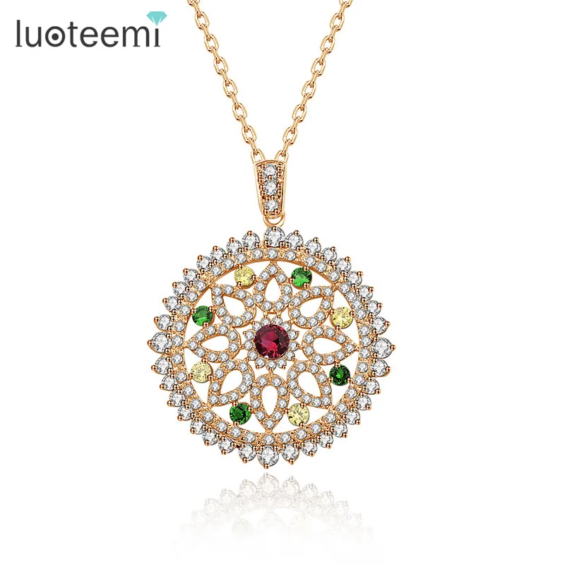 

LUOTEEMI Europe Design Luxury Vintage Necklace Rose Gold-Color Multi Cubic Zircon Micro Paved Big Round Pendant Necklace