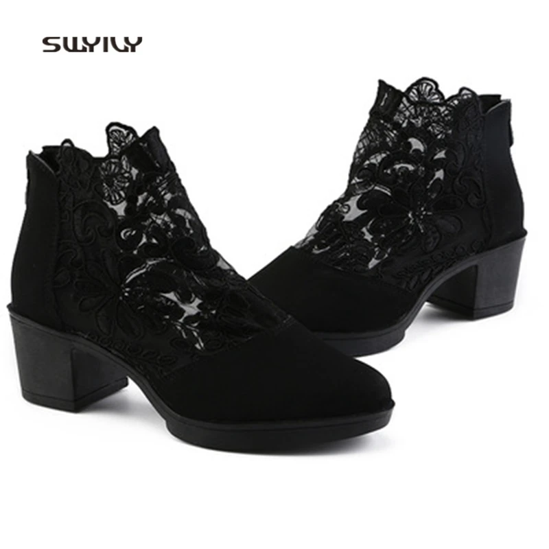 SWYIVY – chaussures de danse à talons compensés pour femme, escarpins noirs, Sexy, en dentelle, Sport, grande taille, 41, automne, 2019