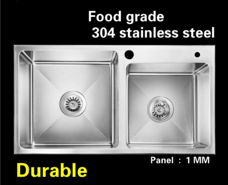 Free shipping Manual double groove kitchen sink 1 mm thick food grade 304 stainless steel standard hot sell 780x430 MM