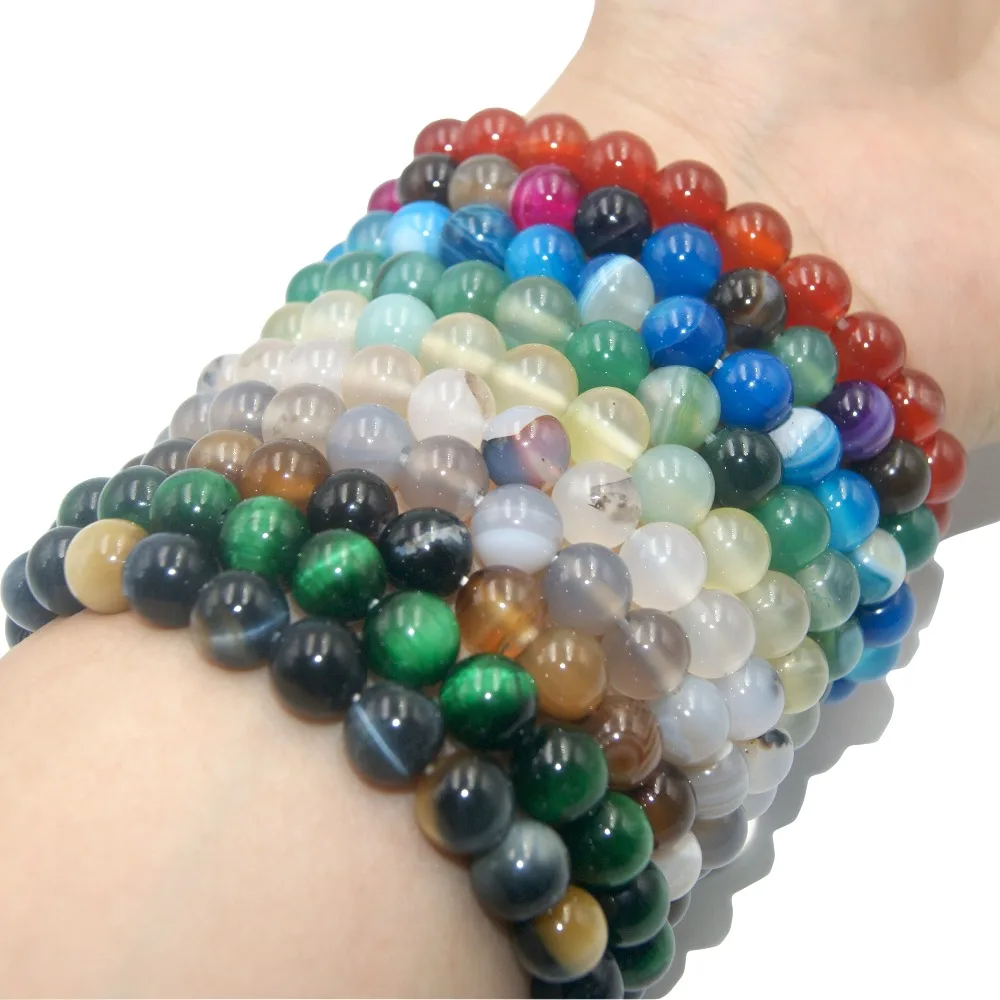 Fashion 6 8 10MM Natural Stone Bracelet for Women Men Tiger Eye Amythests Turquois agates Beaded Yoga Stretch Bracelets Bangles