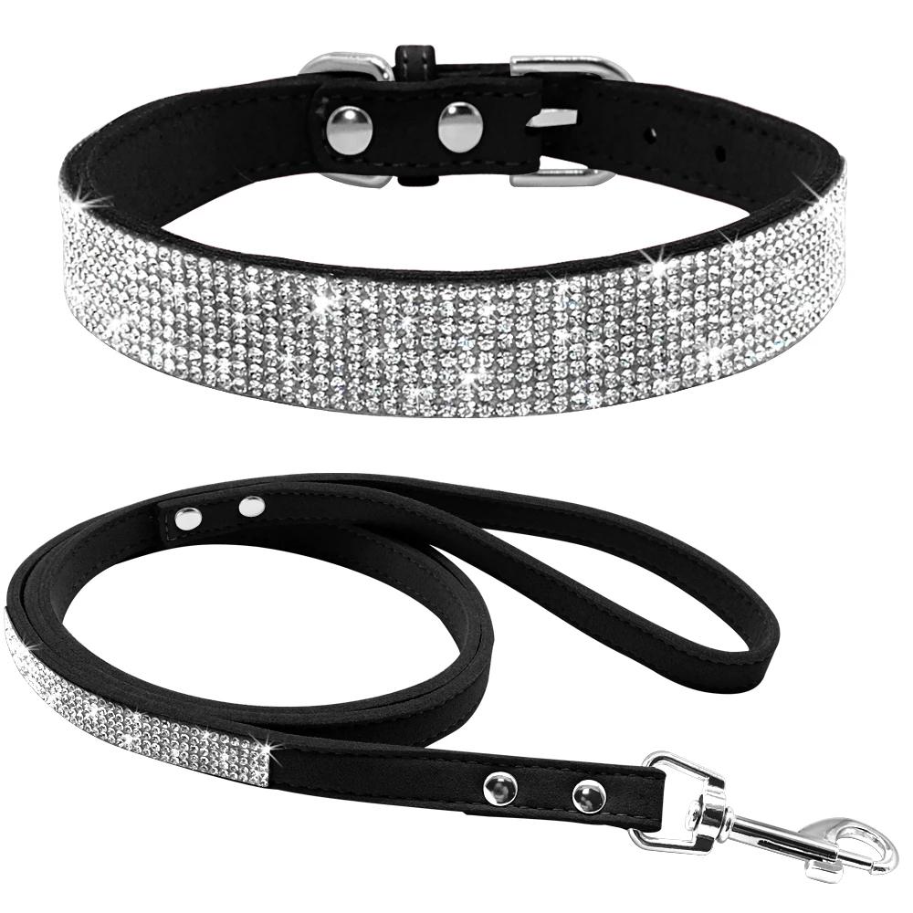 Suede Leather Dog Collar Leash Set Rhinestone Crystal Soft Material Adjustable Small Dogs Cat Pets Collars Leads Chihuahua