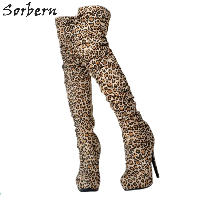 Sorbern Women Boots Leopard Ladies Fashion Party Over The Knee Length High Thin Heels Round Toe 2018 Botas Feminina