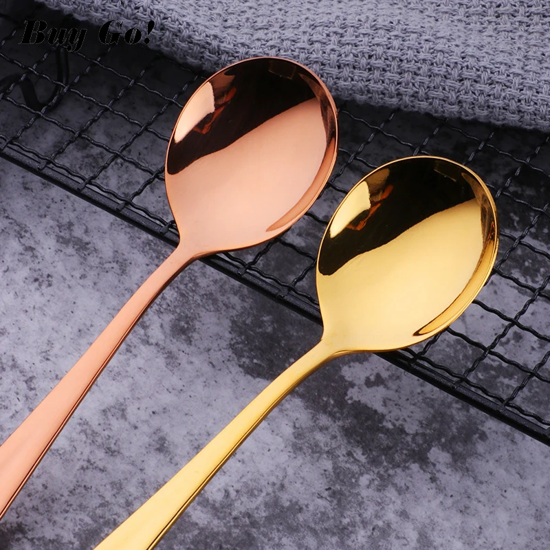 1PC Stainless Steel Round Spoon Gold Small Soup Spoon Dinner Server Flatware Tea Coffee Dessert Dinnerware Party Restaurant Tool