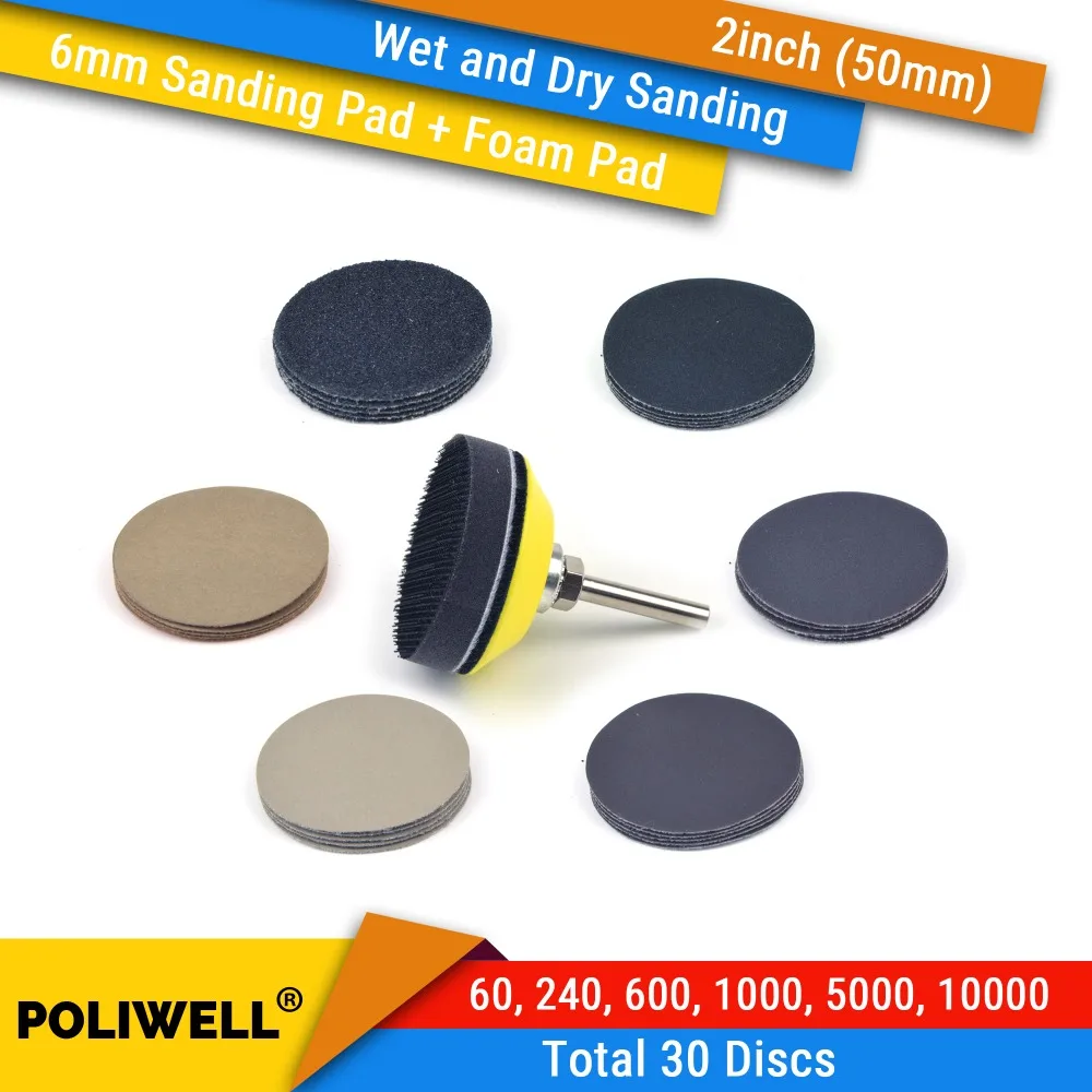 2 Inch 50mm Assorted Grits Silicon Carbide Hook&Loop Sanding Discs+ 6mm Backing Pad + Foam Interface Pad for Wet/Dry Sanding