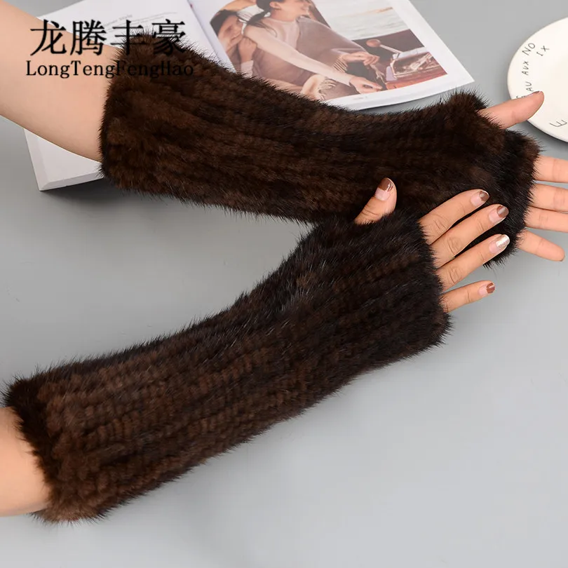 

40 Cm Women'S Mittens Keep Warm In Winter Fingerless Knitted Gloves Real Mink Leather Ladies Long Gloves Free Shipping