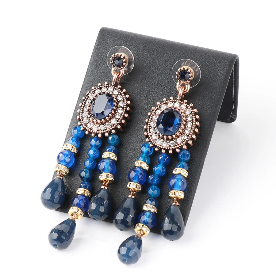 Kinel Blue Natural Stone Tassel Earrings For Women Fashion Antique Gold Color Vintage Jewelry Luxury Crystal Gift 2018 New