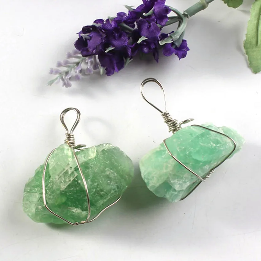 100-Unique Popular Silver Plated Wire Wrapped Irregular Shape Green Fluorite Stone Pendant Fashion Jewelry