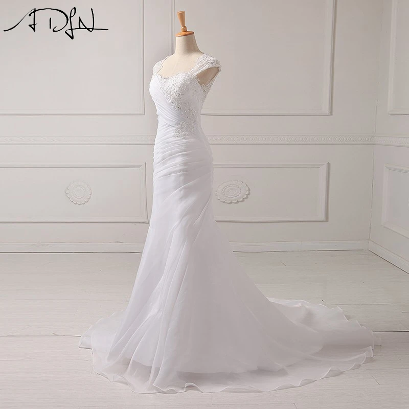 Adln Elegan Sendok Putri Duyung Gaun Pleat Cap Lengan Ilusi Kembali Putih/Gading Organza Gaun Pengantin Vestidos De novia