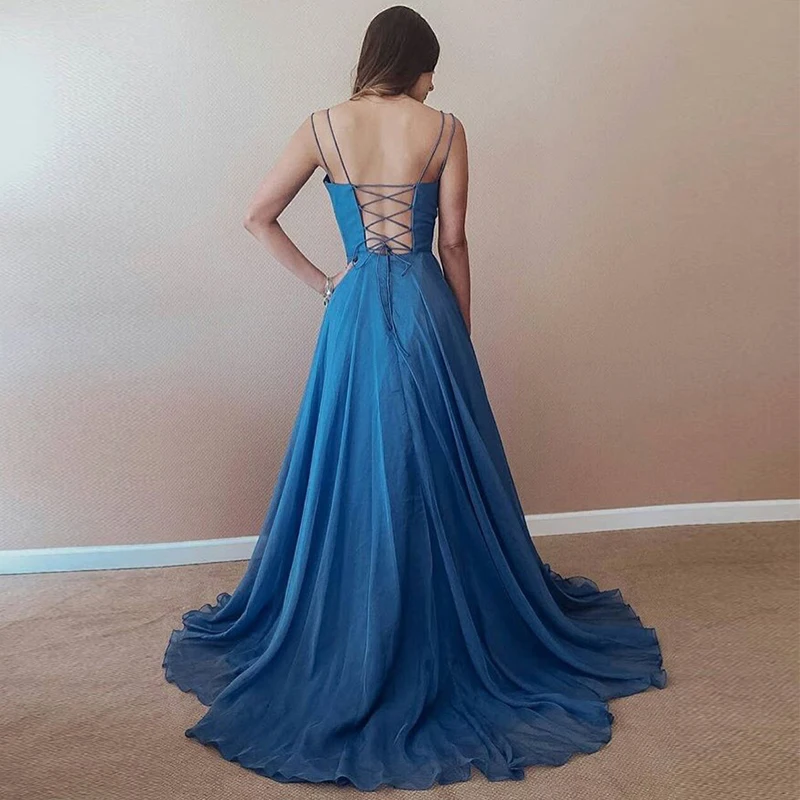 Vestidos azules De gasa con tirantes finos para mujer, traje Formal De corte en A para fiesta De graduación, con cordones en la espalda