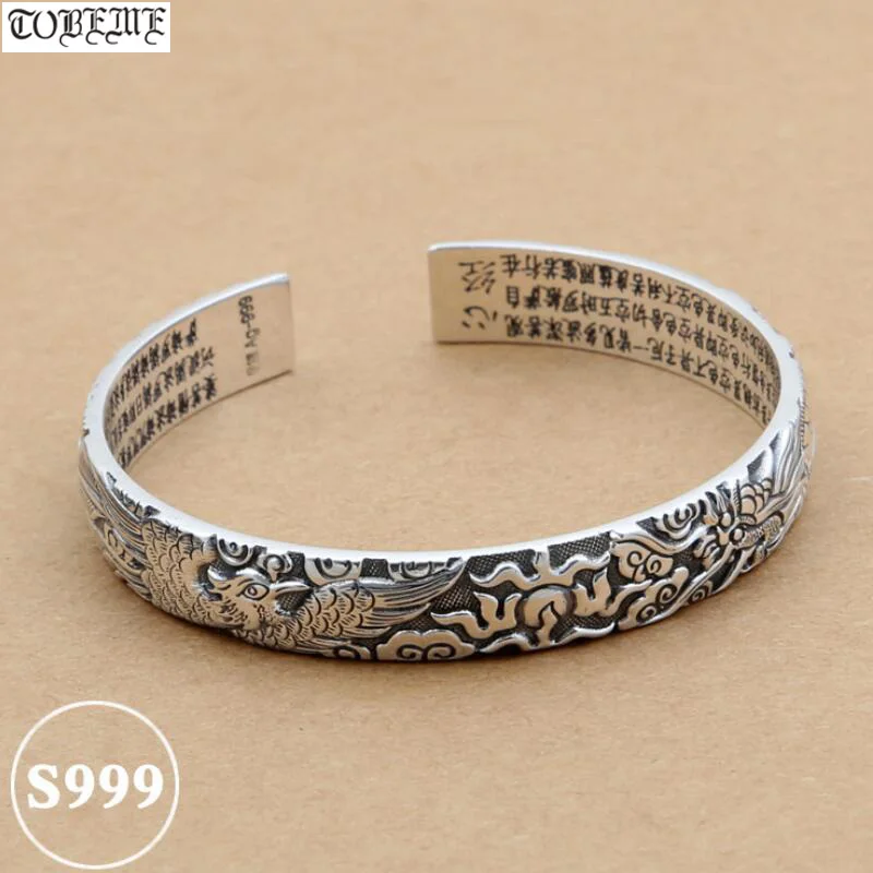 100% 999 Siver Cuff Bracelet Real Silver Dragon Phonix Bangle Love Bangle Buddhist Heart Sutra Bangle Good luck Bracelet