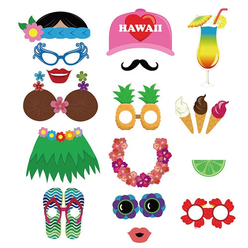 HOMEBEGIN 60pcs Tropical Summer Photo Booth Props Seaside Hat Hula Skirt Photo Props Hawaii Carnival Party Decoration Supplies